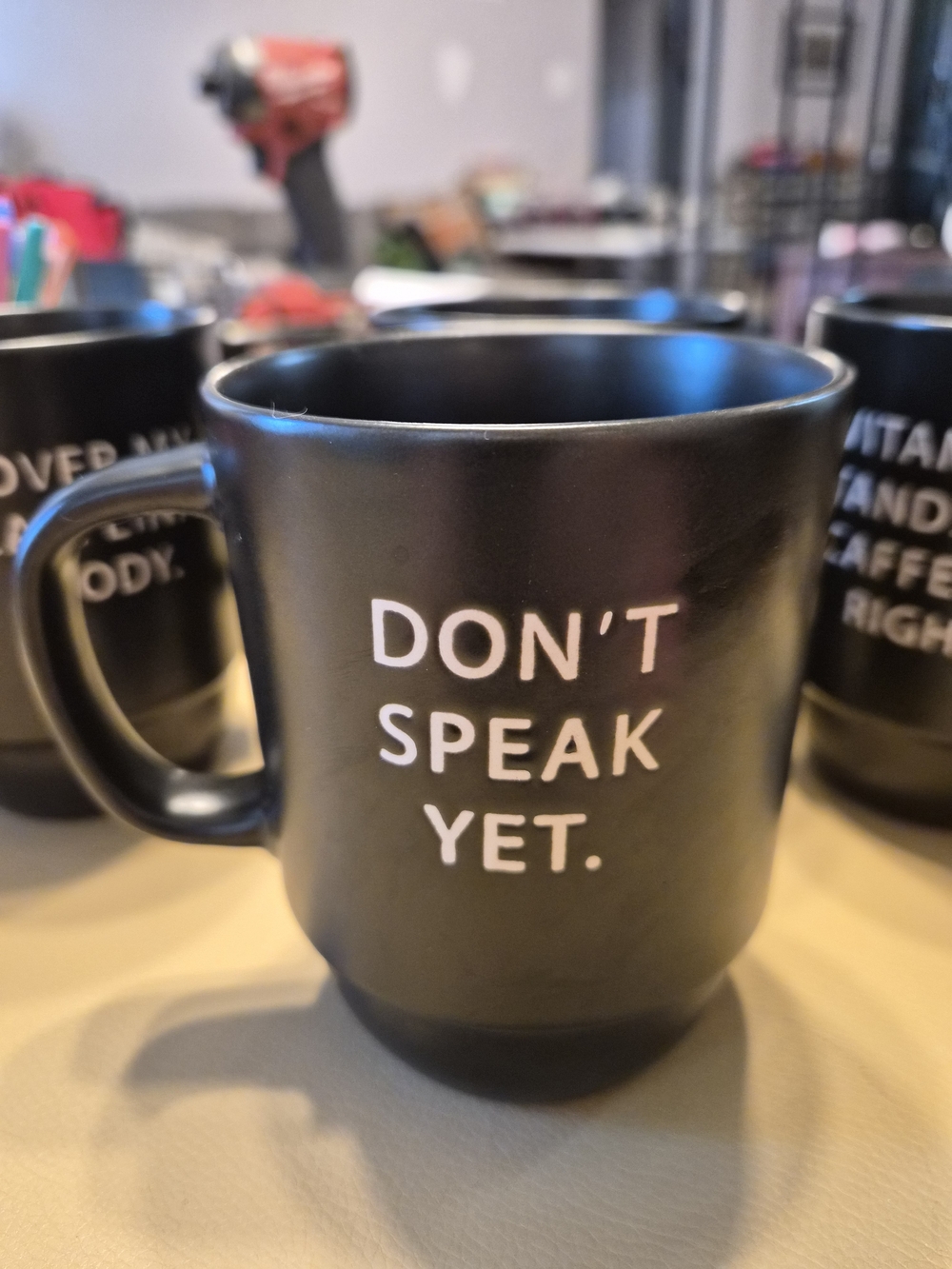Stackable Black Ceramic Coffee Mug Set with Rack - Humorous White Text - Picture 7 of 7